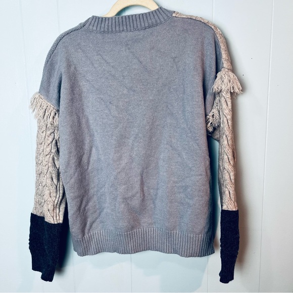 Patchwork Color Block Crew Sweater Sz Large Fringe Cable Knit Chunky Blue Gray - Picture 5 of 10